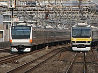 JR東日本E233系通勤タイプ（左）とE231系通勤タイプ（右）