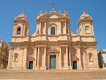 The Cathedral of Noto, one of the many buildings constructed in Sicilian Baroque style after the earthquake La cattedrale di Noto restaurata.JPG