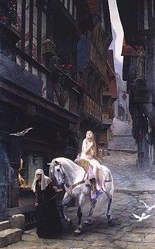 In this 1891 painting of Lady Godiva by Jules Joseph Lefebvre, the authentic historical person is fully submerged in the legend, presented in an anachronistic high medieval setting. Lady godiva full.jpg