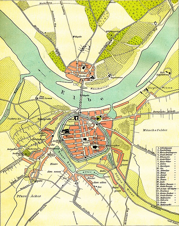 Dresden um 1500, In: Lange-Diercke – Sächsischer Schulatlas, Georg Westermann (Braunschweig) und Carl Adlers Buchhandlung (Dresden), um 1930.