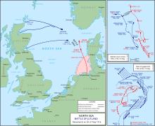 Британский флот плыл из северной Британии на восток, а немцы плыли из Германии на юг; противостоящие флоты встретились у датского побережья