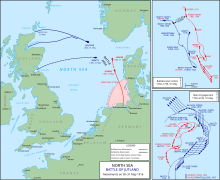 The British fleet sailed from northern Britain to the east while the Germans sailed from Germany in the south; the opposing fleets met off the Danish coast