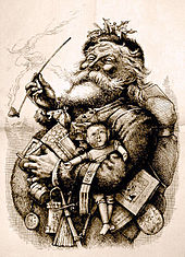 1881 illustration by Thomas Nast who, along with Clement Clarke Moore's 1823 poem A Visit from St. Nicholas, helped to create the modern image of Santa Claus MerryOldSanta.jpg