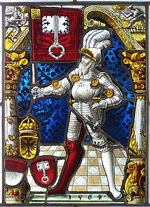 Swiss armourial glass of the Arms of Unterwalden, 1564, with typical painted details, extensive silver stain, Cousin's rose on the face, and flashed ruby glass with abraded white motif. Muzeum Sulkowskich - Zabytkowy Witraz.jpg