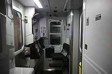 Driver's cab of an R160B subway car on the N train NYC N train cockpit.jpg