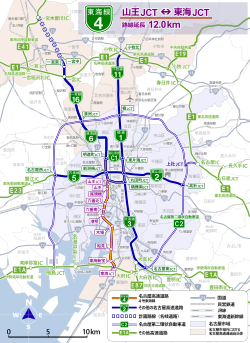 名古屋高速と周辺有料道路のルート図。青線が名古屋高速、オレンジ線が4号東海線。