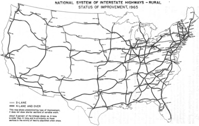 Map entitled "National System of Interstate Highways - Rural Status of Improvement, 1965"