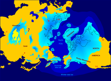 Northern hemisphere glaciation during the last ice ages. The setup of 3 to 4 kilometer thick ice sheets caused a sea level lowering of about 120 m. Northern icesheet hg.png