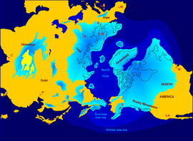 Northern Hemisphere glaciation during the last ice ages. The creation of 3 to 4 kilometres (1.9 to 2.5 mi) thick ice sheets caused a global sea level drop of about 120 m (390 ft) Northern icesheet hg.png