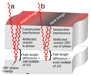 Fig. 4: Closeup of a section of the top glass on the optical flat, showing how interference fringes form. At positions where the path length difference is equal to an odd multiple(2n+1) of a half-wavelength (a), the reflected waves reinforce, resulting in a bright spot. At positions where the path length difference is equal to an even multiple (2n)of a half-wavelength (b), (Lambda by 2)the reflected waves cancel, resulting in a dark spot. This results in a pattern of concentric bright and dark rings, interference fringes. Optical flat interference.svg