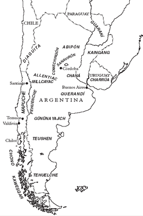 스페인인의 정복 당시 파타고니아 언어의 대략적인 분포.[2]