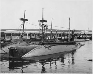 Plunger (SS2), renamed A1. Port bow, moored beside the Shark (SS8), 1902 - NARA - 512925.jpg