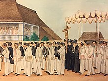 The Principalia of a rural parish in colonial Philippines, joining the Holy Week procession. Illustration, c. 1870 Principalia c. 1870.jpg