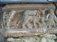 Workers transport a large stone on an ox-drawn sledge for the construction of a church. A sculpture from the 10th-century Korogho church in Georgia. Qorogho Barelief (1).jpg