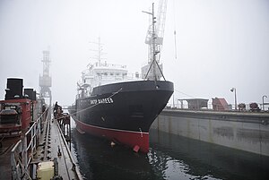 Церемония спуска на воду гидрографического судна Тихоокеанского флота «Виктор Фалеев» в бухте Малый Улисс