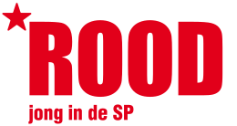 Op een witte achtergrond staat het woord "ROOD" in rood en in hoofdletters. In de linkerbovenhoek staat een rode ster en onderaan staat, tevens in het rood, de bijtitel "jong in de SP".