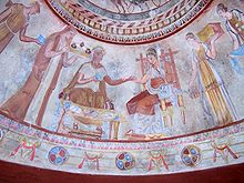 Fresco from the Thracian Tomb of Kazanlak representing a ritual divine marriage between a king and his queen, both deceased and deified. The tall woman to their left is the Great Goddess Bendis. Reproduction of Thracian tomb 1.jpg