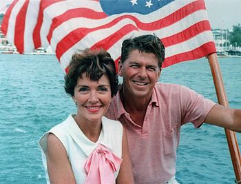 Ronald Reagan and Nancy Reagan aboard an Ameri...