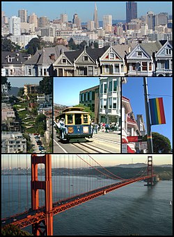 Panorámaképek a városról, alul a Golden Gate híd