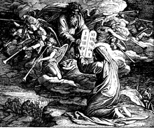 Moses receives the Ten Commandments in this 1860 woodcut by Julius Schnorr von Carolsfeld, a Lutheran. Schnorr von Carolsfeld Bibel in Bildern 1860 054.png