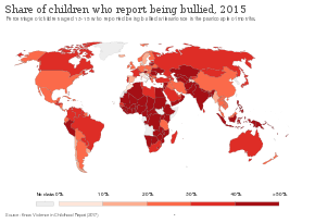 Share of children who report being bullied (2015) Share of children who report being bullied, OWID.svg