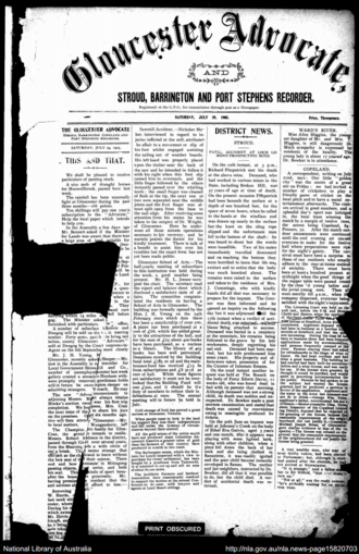 Front page of The Gloucester Advocate on 29 July 1905. The Gloucester Advocate 29 July 1905.PNG