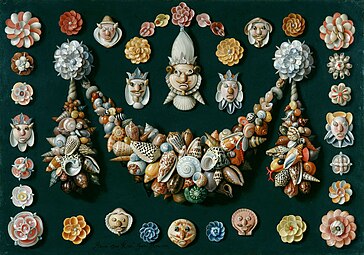 Festoon, masks and rosettes made of shells, by Jan van Kessel the Elder, 17th century, color on copper, Fondation Custodia, Paris