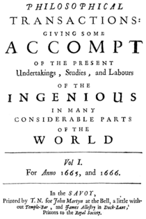 Cover of the first volume of Philosophical Transactions of the Royal Society, 1665-1666 1665 phil trans vol i title.png