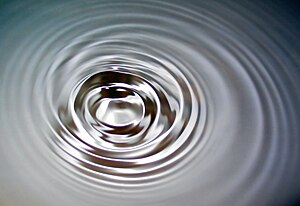 Surface waves of water: expansion of a disturbance. – It shows a realistic disturbance (caused by shortly dipping a stick into the water) and its expansion forming interfering circles of limited concentricity. The near metallic appearance of the water's surface is due to the small angle of illumination.