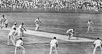 Australian cricket batsman Bill Woodfull faces a Bodyline field in the 4th Test match in Brisbane, 1933.