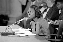 Hill testifying during the second confirmation hearings Anita Hill testifying in front of the Senate Judiciary Committee (cropped).jpg