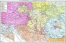 Late 19th century ethnic map of Central Europe depicting predominantly Romanian-inhabited territories in blue. Hungarians are marked in yellow and Germans in pink. Austria-Hungary (ethnic).jpg