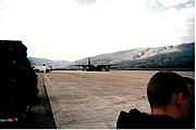 French C-130 Hercules on the tarmac of Mostar in 1996, bringing a French IFOR unit back home.