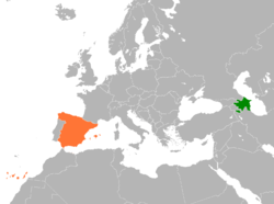 Карта с указанием местоположения Азербайджана и Испании