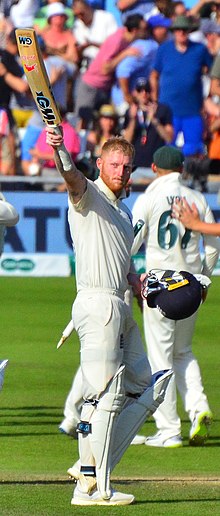 Stokes raising his bat after winning the third Test against Australia Ben Stokes raising his bat, Ashes 2019.jpg