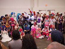 The adult brony fandom of My Little Pony: Friendship Is Magic grew from its 4chan roots. Bronycon summer 2012 cosplay session.jpg