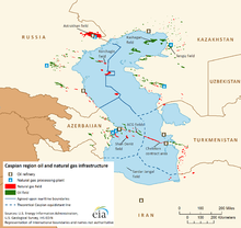 Kazakhstan has the largest proven oil reserves in the Caspian Sea region. Caspian region oil and natural gas infrastructure.png