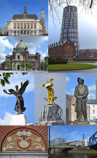 从上到下，从左到右：市政厅（法语：Hôtel de ville de Charleroi）、圣克里斯托夫教堂（法语：Église Saint-Christophe de Charleroi）、警察局的蓝塔（法语：Tour Bleue）、烈士纪念碑（法语：Monument aux martyrs à Charleroi）、长尾豹马修、马尔西内勒受害劳工纪念碑的童工像、五彩拉毛陶、钢铁厂