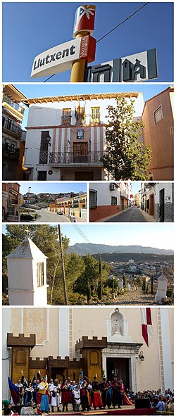 Clockwise: Llutxent's info-sign, Town hall building, Del Mig Street, View from top of The Coast, Town's Main Square during Moors and Christians, Montsant avenue