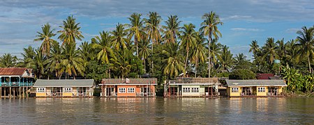 Bungalows colorés flottants de l'hôtel Sala Don Khone, sur la berge du Mékong devant de hauts palmiers, Don Khon en fin d'après-midi, photo prise depuis l'île de Don Det, Laos. Mai 2018.