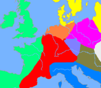 Europe c. 1200 BC, showing the central Urnfield culture (red), the northern Urnfield culture (orange), the Lusatian culture (purple), the Danubian culture (brown), the Terramare culture (blue), the Atlantic Bronze Age (green) and the Nordic Bronze Age (yellow). Cultures, 1200 BC.PNG