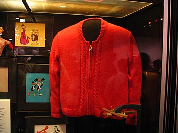 Hand-made sweater worn by Fred Rogers, on disp...