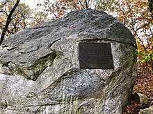 Glover's Rock, Pelham Bay Park: "Near this site on October 12, 1776 Col. John Glover and 600 patriots held off British and Hessian forces under Gen Howe long enough to save Washington's troops from destruction, enabling them to withdraw to Westchester and ultimate victory. Bronx County Historical Society 1960" Glover's Rock Pelham Bay Park IMG 2739 HLG.jpg