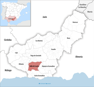 Die Lage der Comarca Valle de Lecrín in der Provinz Granada