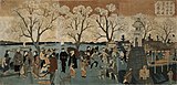 墨堤（隅田川の堤）の花見客を描いた三代広重の「東京名所第一の勝景墨水堤花盛の図」1881年。