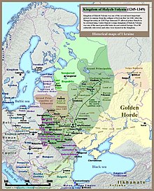 Lilac borders: Kingdom of Galicia-Volhynia, one of the successor states of Kievan Rus' Kingdom of Galicia Volhynia Rus' Ukraine 1245 1349.jpg