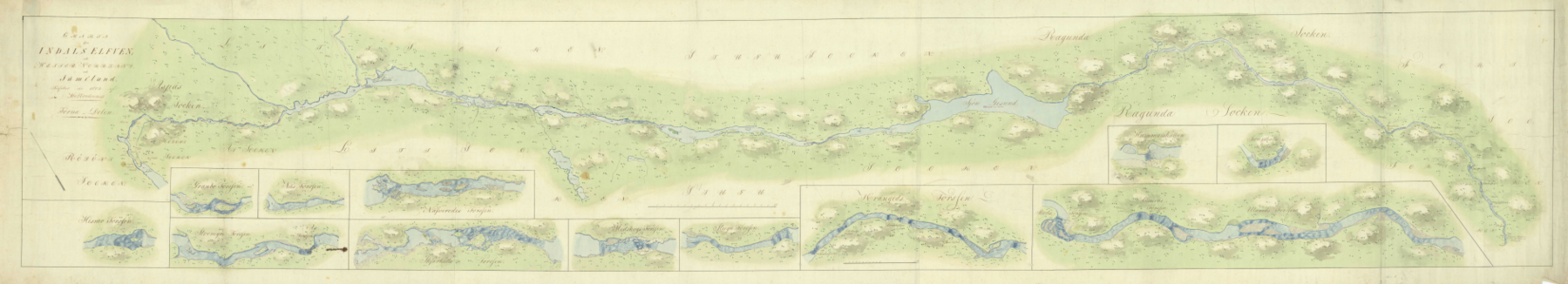 Historisk karta från 1802 över Indalsälvens utbredning från Storsjön mot Bottniska viken.