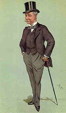 Colored drawing of a standing man in a 19th-century suit, waistcoat, tie and top hat, carrying a walking stick, looking 3/4 to his right