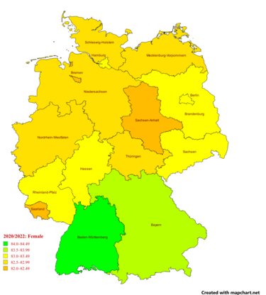 Life expectancy in the German states in 2020/2022 for female Life expectancy map of Germany 2020-2022 for females -names.png