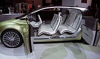 A Lincoln concept car (Lincoln C) from 2009 with rear suicide doors, left side doors open. Note that there is no B-pillar and therefore there are two pillars, A and C.